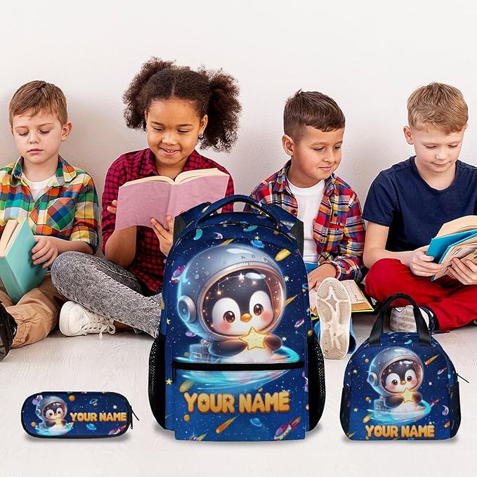 Custom Backpack - Penguin Backpacks with Lunch Bag for Girls Boys - Planet Bookbag for Kids Toddler - Personalized School Bag Set for Kindergarten/Preschool/Elementary(17 Inch)