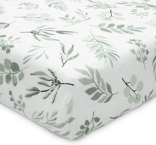 Organic Muslin Fitted Crib Sheet - Organic Crib Sheet for Standard Crib and Toddler Mattresses, Soft and Breathable, Eucalyptus Leaves, 28”x52”