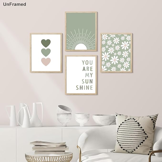 Boho Wall Art Set of 4 Sage Green Nursery Wall Decor You Are My Sunshine Canvas Painting Prints Daisy Flower Cute Heart Pattern Posters Baby Room Pictures for Bedroom Kid Girls Room 12x16 In Framed