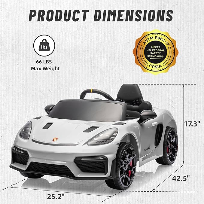 First Ride On 12V Ride on Car for Kids, Licensed Porsche 718 Spyder Battery Powered Ride on Toy, Child Electric Car w/Music, USB, MP3, Bluetooth, 3 Speeds, Wheels Suspension, Led Lights (White)