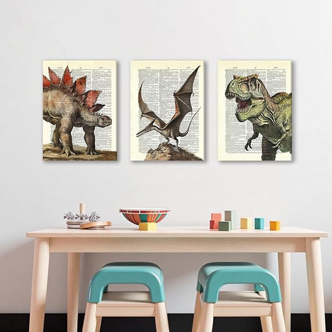 Ovczax 3 Pieces Canvas Wall Art - Dinosaur Room Decor For Boys Decor For Boys Room, Dinosaur Poster 24" X 16"