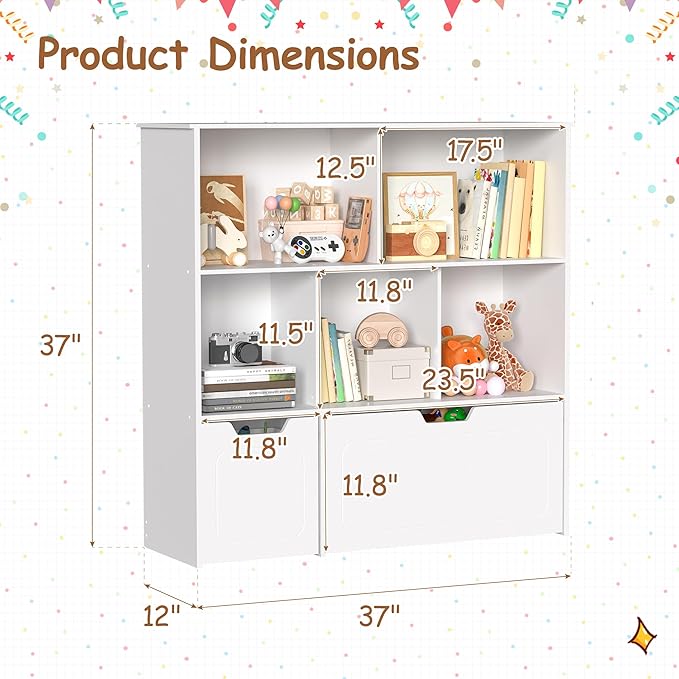 BRINJOY Toy Storage Organizer with 2 Movable Drawers, 3-Shelf Kids Bookcase Children's Toy Chest Cabinet for Playroom Bedroom Daycare Nursery School, 5 Cubes Montessori Bookshelf