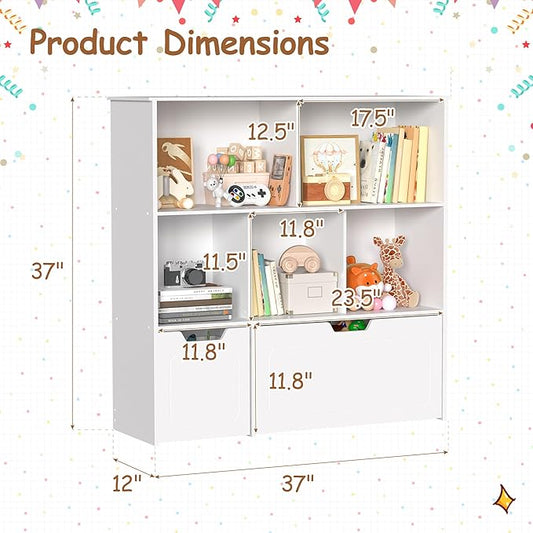 BRINJOY Toy Storage Organizer with 2 Movable Drawers, 3-Shelf Kids Bookcase Children's Toy Chest Cabinet for Playroom Bedroom Daycare Nursery School, 5 Cubes Montessori Bookshelf