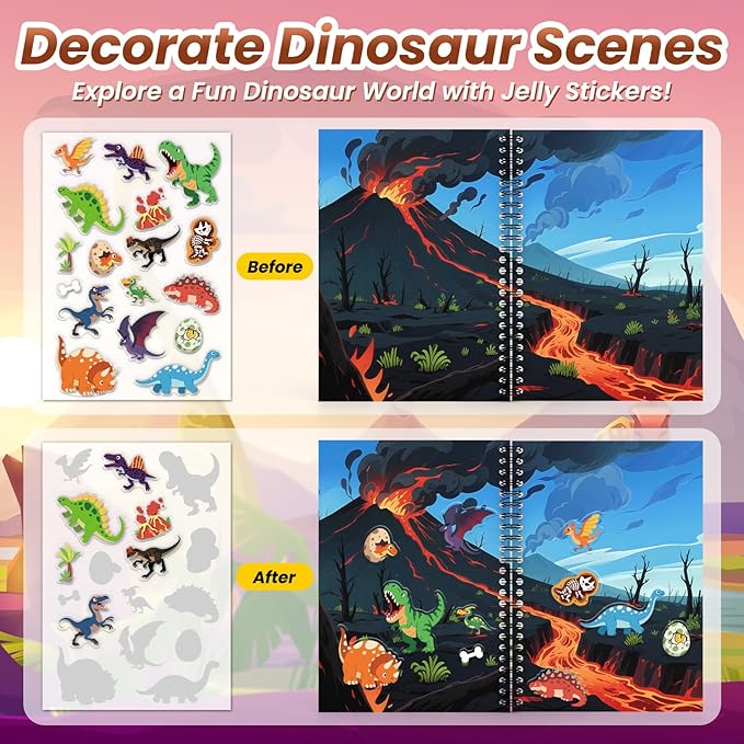 Dinosaur Reusable Sticker Book for Toddlers, DIY Make-a-face Animals Fun Jelly Stickers, Washable Puffy Stickers for Kids Toys, Airplane Road Trip Travel Activities Essentials for Kids 3 4 5 Years