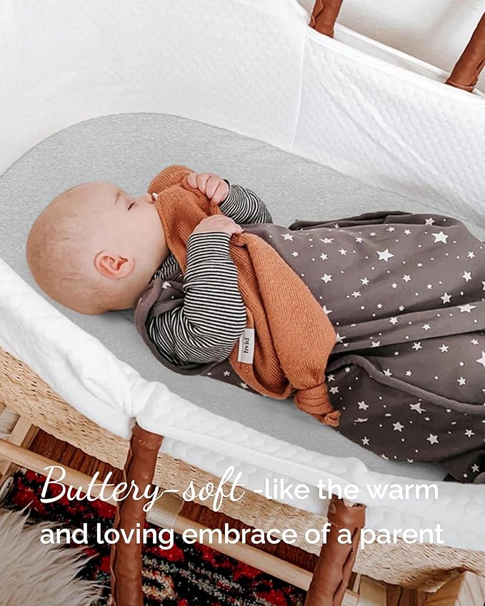 Bassinet Fitted Sheets Compatible with 4moms Breeze Plus Bassinet Model 1045 - Buttery Soft, Silky Comfort, Premium Stretchy Jersey Knit Bassinet Sheets - Navy + Grey + Cloud, 3 Pack