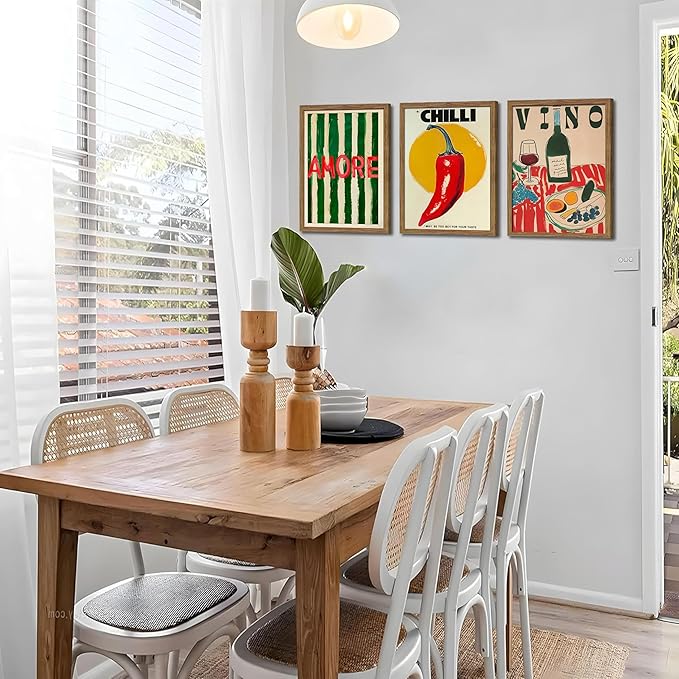 Framed Kitchen Wall Art Set of 3, Abstract Table Food Kitchen Wall Decor, Chilli Pictures Prints Artwork, Vintage Dining Room Canvas Painting, Modern Kitchen Home Decoration – 12x16 inch