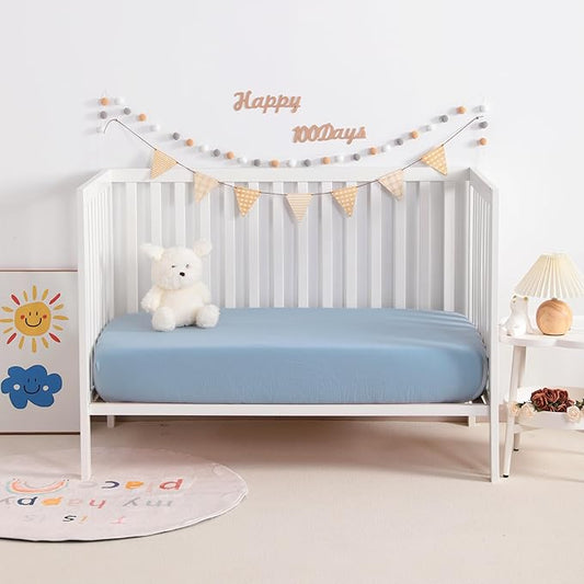 NTBAY 2 Pack Muslin Cotton Crib Sheets, Soft and Breathable Double Layer 28x52 Baby Crib Sheets for Standard Crib and Toddler Mattresses, Boys, Girls, Unisex, Sky Blue, 28x52 Inches