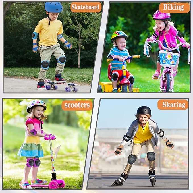 Kids/Youth Knee Pads and Elbow Pads Set for Kids 3-14 Years Boys Girls Protective Gear Set Adjustable Knee Pads, Elbow Pads, Wrist Guards Skateboard Skating Skiing Cycling Biking Running Scooter