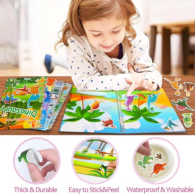 Reusable Sticker Book for Kids 1-3, Jelly Sticker Books for Toddlers 2-4 Years, Dinosaur Stickers for Kids, Toddler Stocking Stuffers＆Travel Essentials Plane Activities (Dinosaur)
