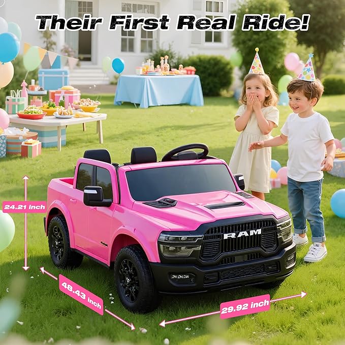 FUNTOK 24V 2 Seater Ride On Truck for Big Kids, Licensed RAM 2500 Kid's Electric Vehicles w/Remote Control, LED Light/Music/MP3/Bluetooth, Truck Bed Storage, Carry Wheels & Handle, Car for Kids 3-8
