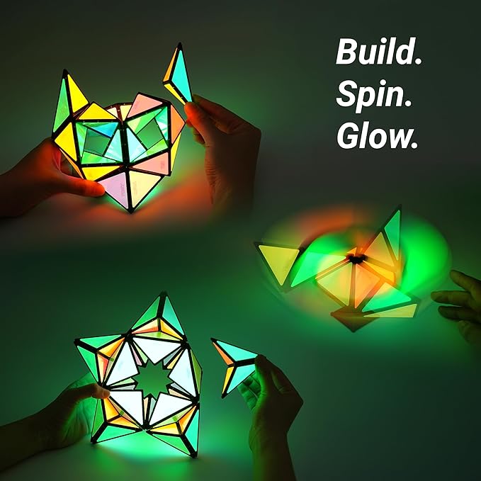 TOSY Magnet Pyramid Glow - 1 Cube Transforms into 1 Billion Shapes, 15 pcs (12 Puzzle pcs & 3 Accessories), 243 Magnets, Glowing, Christmas Stocking Stuffers Gift for Kids, Creative Puzzle STEM Toy