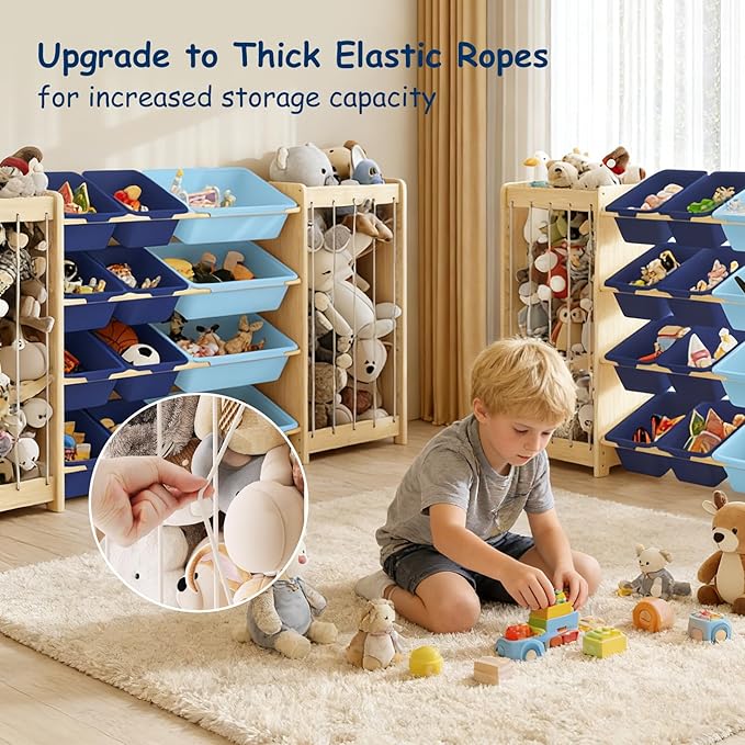 EXPERLAM Toy and Stuffed Animal Storage, 12-Bin Toy Shelf with Double-Sided Stuffed Animal Holder & Thicker Elastic Ropes, Space-Saving Solid Wood Toy Organizer for Playroom, Nursery, Bedroom, Blue