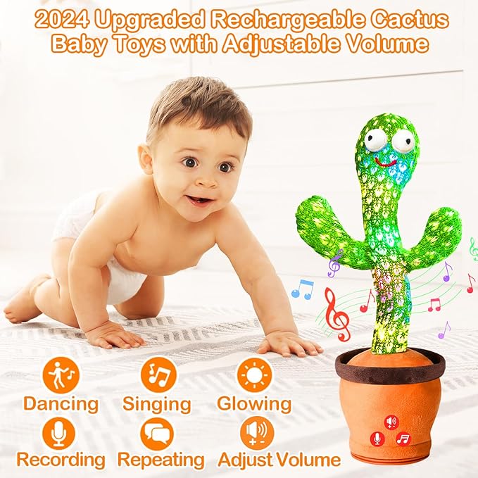 Rechargeable Dancing Talking Cactus Toy Mimics Back, Singing Mimicking Cactus Baby Toy That Talks Back, Educational Baby Toys 18 months+ w/ English Songs, Learning Toys for Baby Girl Boy Gifts