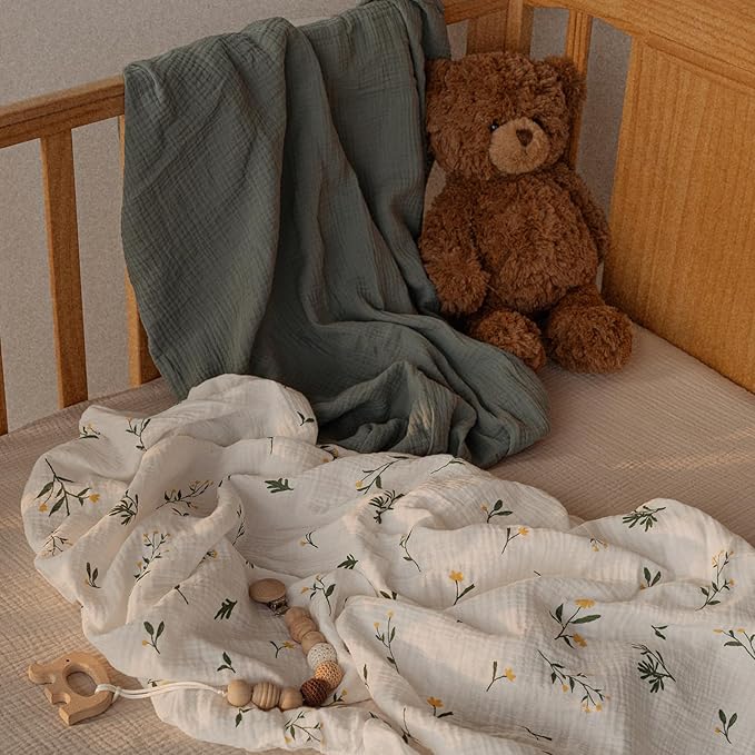Gllquen Baby Muslin Mini Crib Sheets 3 Pack, Breathable Pack and Play Sheets Fitted 38"x26" Soft Cozy Cotton Pack N Play Sheets for Baby Boy Girls, Universal Fitted Mini Crib Mattresses (Green)