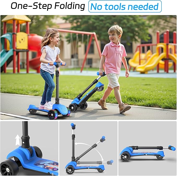 VOLPAM C001 Electric Scooter for Kids, 80W Motor, Max Safe Speed 5MPH, 3 Adjustable Height, Lean-to-Steer, 3.5" Lighted Up Wheel, Foldable Scooter for Boys & Girls, Max Load 110lbs