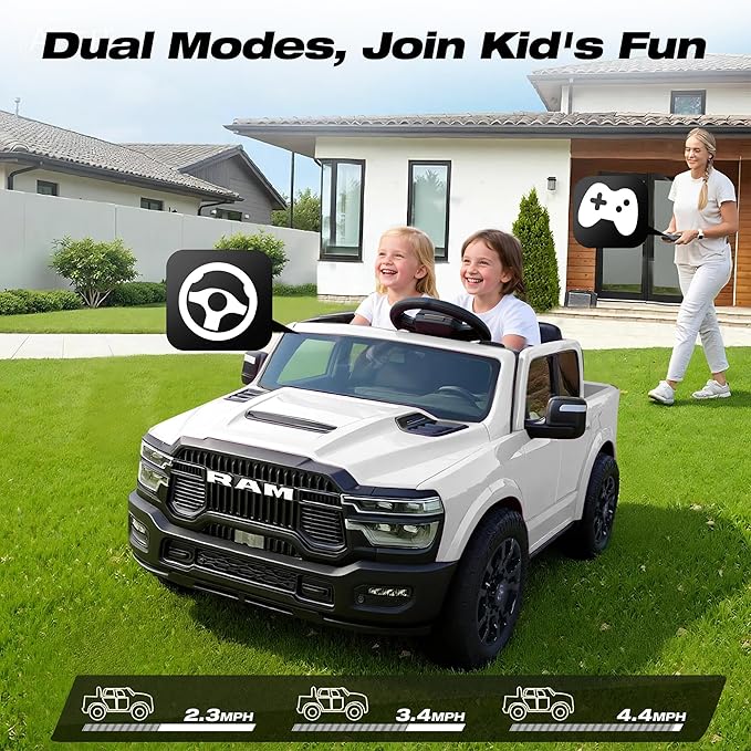 FUNTOK 24V 2 Seater Ride On Truck for Big Kids, Licensed RAM 2500 Kid's Electric Vehicles w/Remote Control, LED Light/Music/MP3/Bluetooth, Truck Bed Storage, Carry Wheels & Handle, Car for Kids 3-8