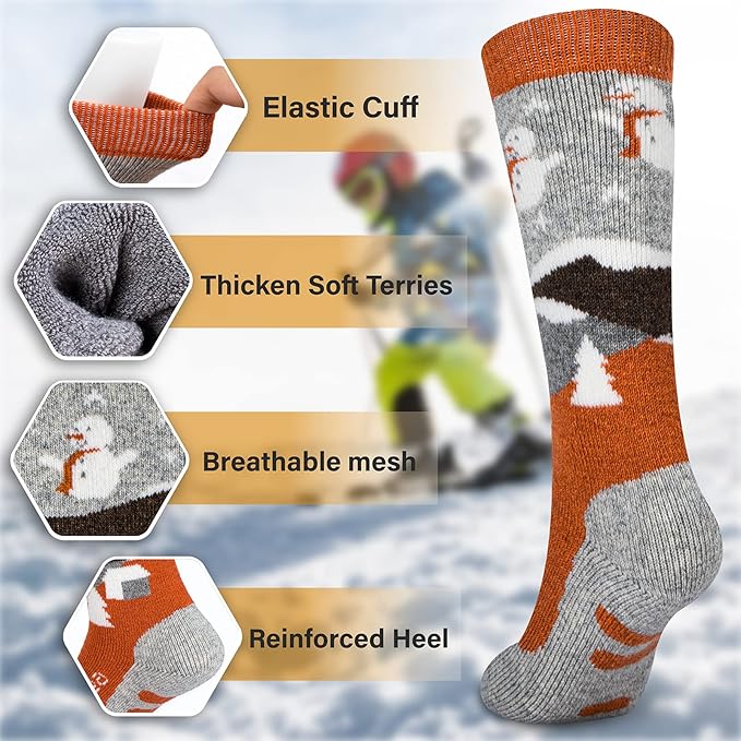 Hylaea Merino Wool Ski Socks Kids, Knee-high Warm Thermal Snowboard Skating Socks for Boys Girls Toddler