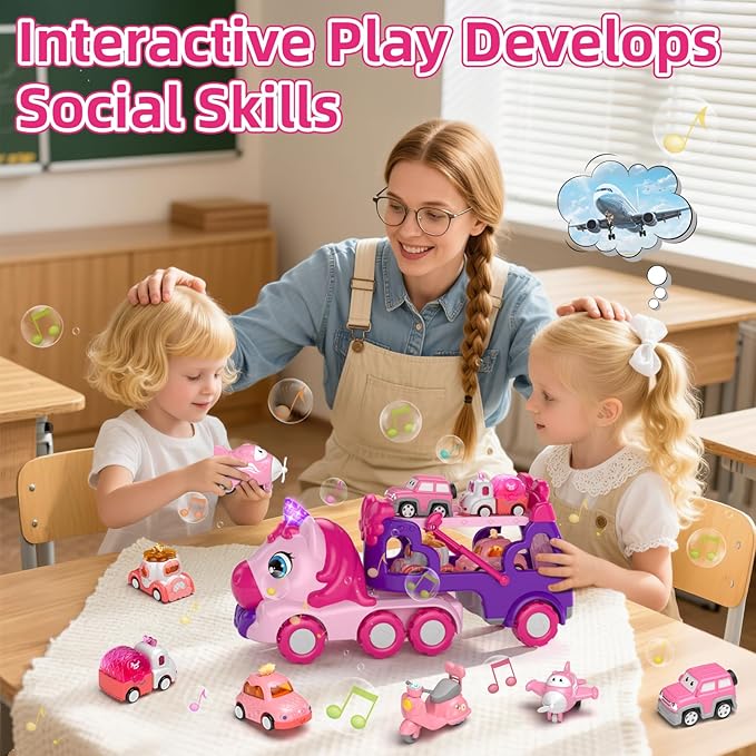 Girls Toys for 2 3 Year Old, Toddler Girl Toys Age 2-4, 7-in-1 Carrier Truck with Light & Music, Truck Toys for 1 2 3 Year Old Girl Birthday