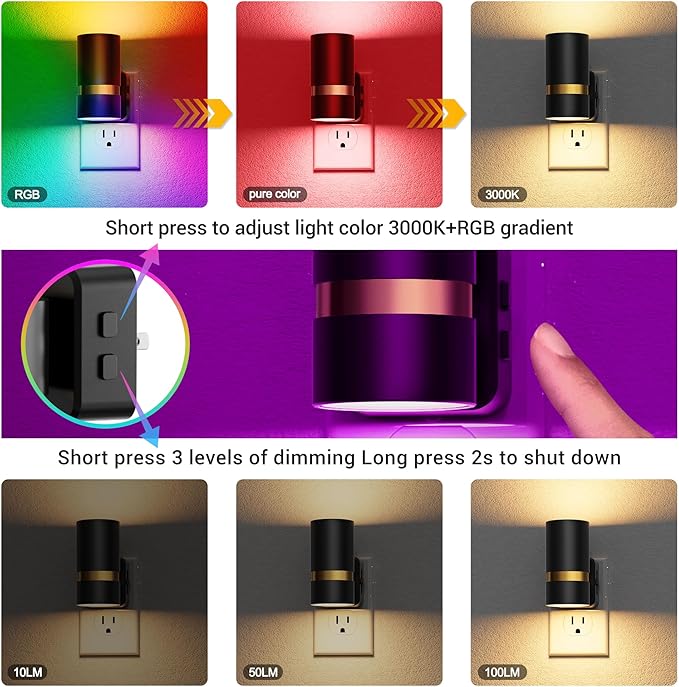 JandCase Night Lights Plug into Wall,2 Pack 10-Color Change RGB Night Light with Dusk to Dawn, 10/25/50/75/100LM Dimmable Plug in LED Nightlight for Bedroom, Hallway, Stairs