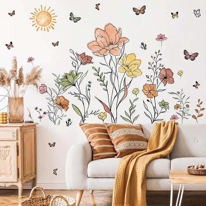 Boho Flower Wall Decals Watercolor Flower Plants Wall Stickers Wildflower Floral Walls Decals for Living Room Peel and Stick Modern Line Butterflies Art Murals for Girls Bedoom Office Home Decoration
