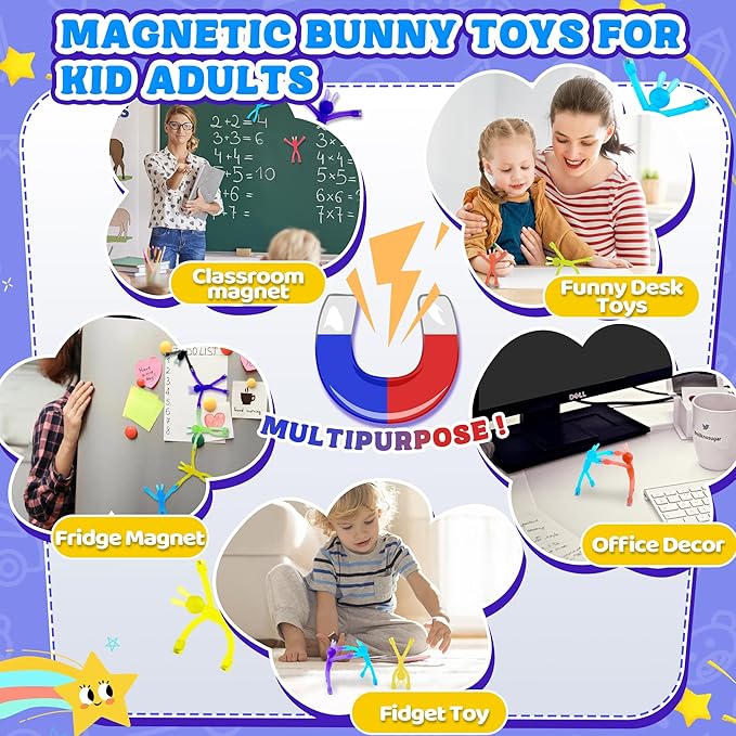 10Pcs Magnetic Bunny Men Travel Toys for Toddlers Kid Girls ADHD Quiet Airplane Travel Activities Essential Toy Magnets Rabbit Fidget Toys Adults Autism Cool Gadget for Office Desk Classroom Prizes