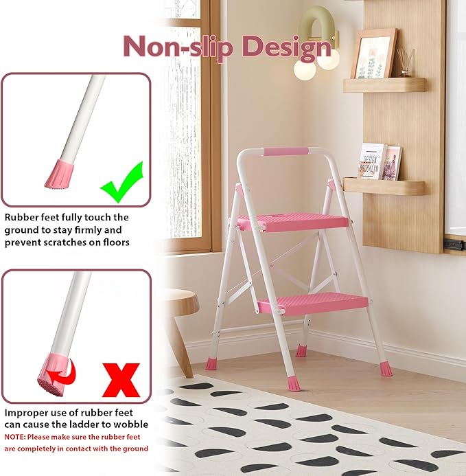 BONTEC 2-Step Ladder, Folding Step Stool, 600lbs Max Load Capacity, Sturdy Steel, Non-Slip Pedals, Lightweight, Portable Steel Ladder with Convenient Handrail, Safety Design for Home & Work, Pink