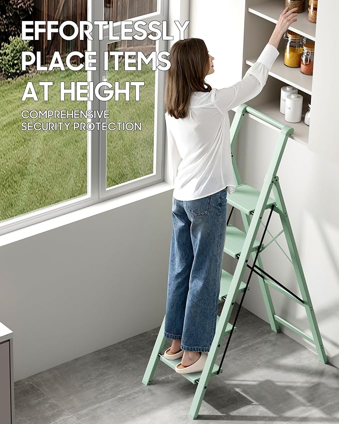 HillhutApex 5 Step Foldable Aluminum Step Ladder with Handgrip, Anti-Slip Pedal, 330 lbs Capacity, Lightweight & Portable for Home, Kitchen, Office, Garage (Pale Green)