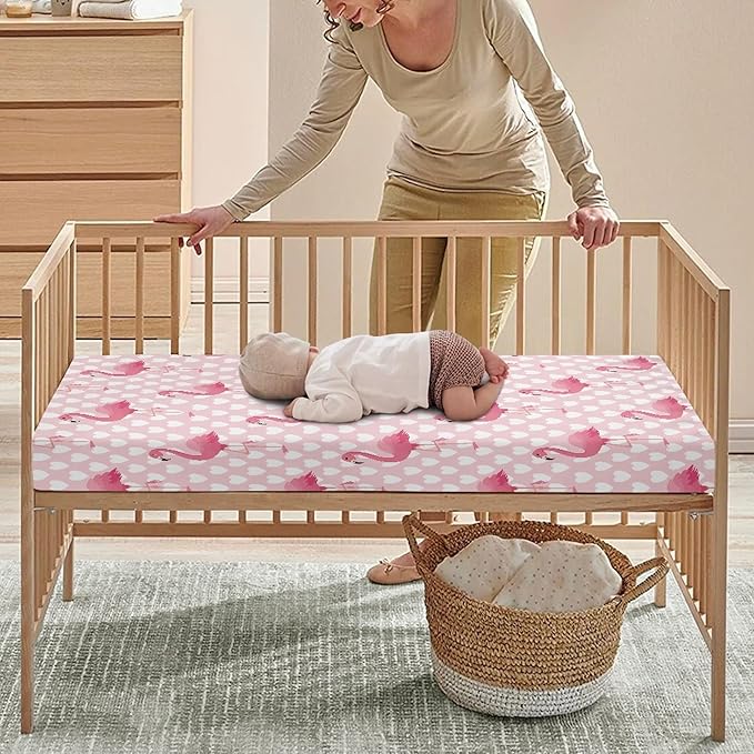 Pink Flamingo Fitted Crib Sheet for Boys Girls Love Heart Baby Sheet for Standard Crib and Toddler Beautiful Tropical Flamingos Nursery Bed Mattress Sheets 28"x52"