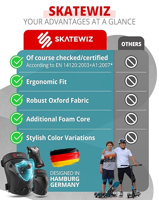 SKATEWIZ Knee Pads for Kids - Knee and Elbow Pads Set - PROTECT-1 - Size M Black - Wrist Guards Skating Protective Gear, Skateboard, Roller Skate, Ice Skates For Kids