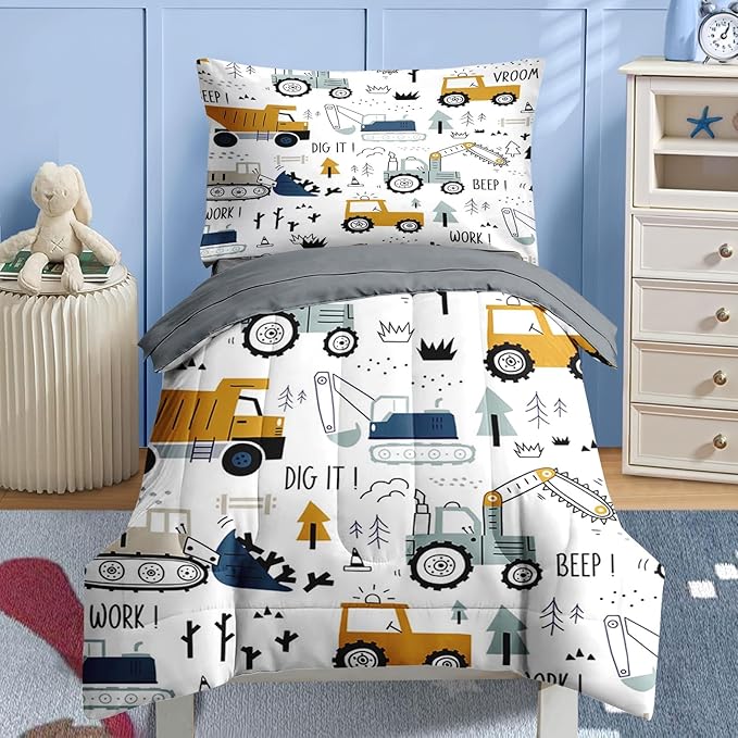 Nesker 4 Pcs Comforter Set Toddler Size, Construction Vehicles Bedding for Kids Teen, Cargo Crane Bulldozer Excavator Bed Sheet with Pillowcase & Sham
