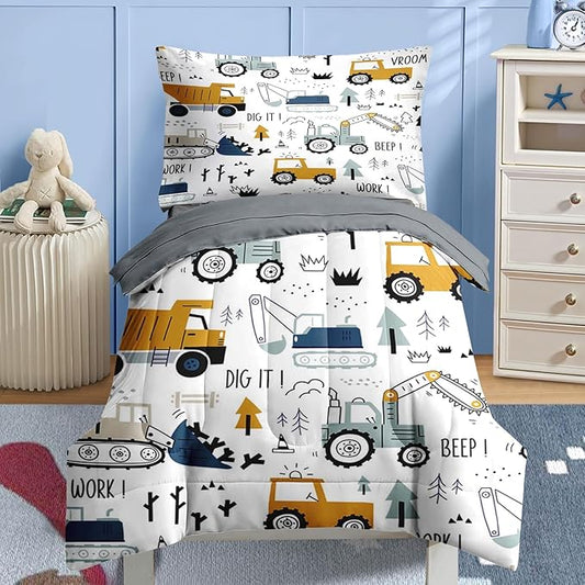 Nesker 4 Pcs Comforter Set Toddler Size, Construction Vehicles Bedding for Kids Teen, Cargo Crane Bulldozer Excavator Bed Sheet with Pillowcase & Sham