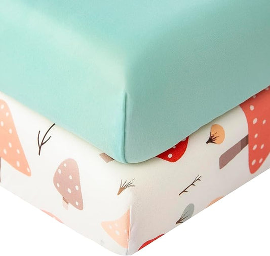 SDIII 2 Pack Mushroom Crib Sheets for Boys Girls 52×28 Stretchy Microfiber Jersey Knit Soft Fall Crib Sheets for Standard Crib and Toddler Mattress