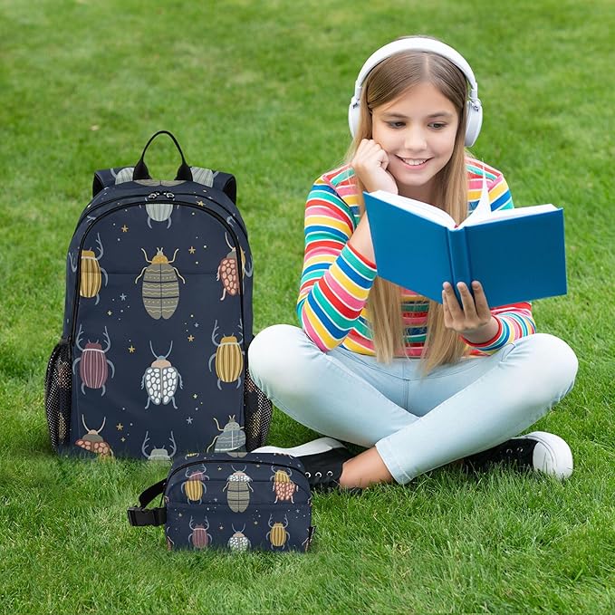 Jucciaco Beetle with Beetles Bugs and Insects Backpack with Lunch Bag, School Travel Backpack for Teens Boys Girls Kids Backpacks Set