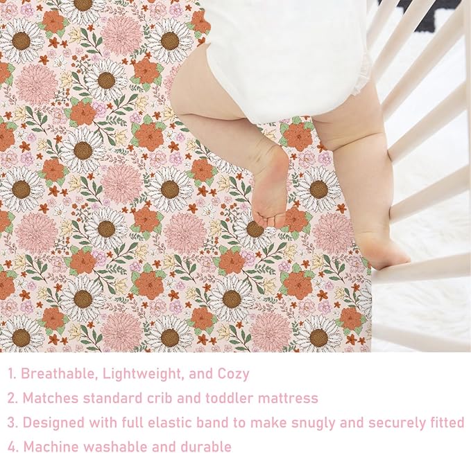 Retro Boho Floral Baby Crib Sheet 52''x28'' Vintage Flowers Stretchy Fitted Crib Mattress Sheet for Boy Girl Wild Flowers Summer Soft Baby Nursery Bed Sheets for Standard Crib and Toddler Mattress