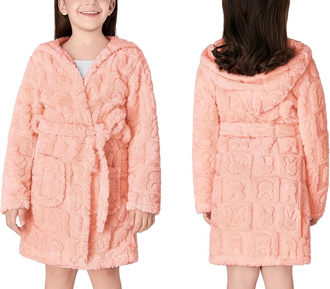 Topgal Leopard Cat Robe for Girls Fleece Toddler Kids Teen Hooded Bathrobe Size 4T-18