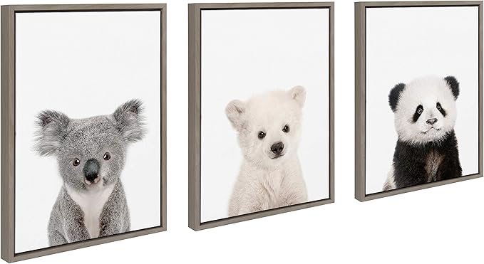 Kate and Laurel Sylvie Three Bears Framed Canvas Wall Art by Amy Peterson, Set of 3, 18x24 Gray, Adorable Baby Animal Art