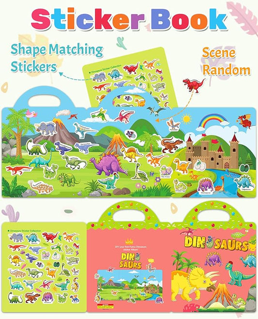 Benresive Reusable Sticker Books for Toddlers, Fun Travel Stickers for Kids, Toddler Sticker Book, Crafts Activities for Toddlers, 3 and Up Birthady Gifts - Dinosaurs