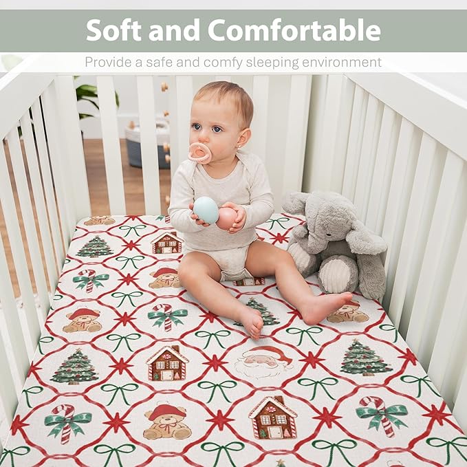 Red and Green Christmas Stripe Baby Crib Sheets for Boy Girl 28"x52" Bear Santa Trees Bows Candy Soft Snug Fitted Crib Mattress Cover Winter Holiday Baby Sheet for Crib & Toddler Bed Mattresses