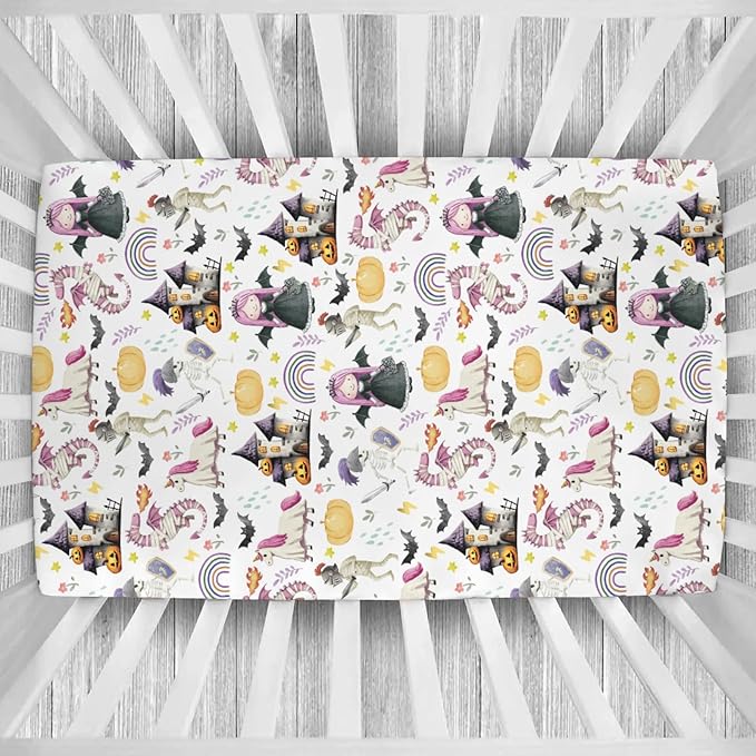 Halloween Fairytale Princess Castle Dragon Baby Crib Sheets Spooky Pumpkin Bats Soft Baby Sheets Gothic Halloween Night Fitted Crib Mattress Cover for Standard Crib Toddler Mattress 52"x28"