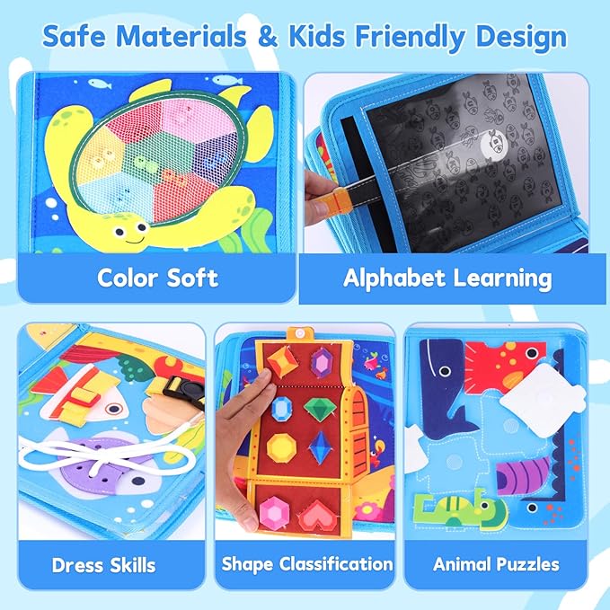 Ocean Busy Book for Toddlers 1-3, Montessori Busy Board Educational Learning Toys for 1 2 3 Years Old Boy Girl Birthday Gifts,Toddler Toy Airplane Travel Essential Sea Animals Activity Books