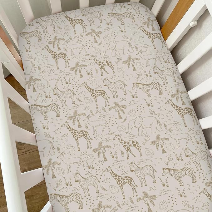 Cute Animals Safari Baby Crib Sheets for Boy Girl Boho Giraffe Zebra Elephant Trees Leaves Soft Snug Fitted Crib Mattress Covers for 52''x28'' Standard Crib & Toddler Mattress Wild Animals Bed Sheets