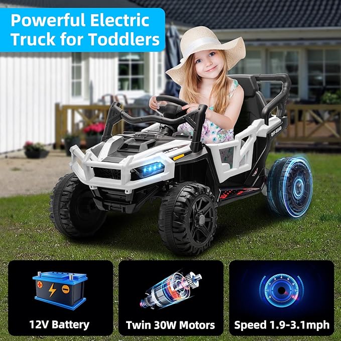 12V Kids Ride on Truck Car with Remote Control, Electric Off-Road UTV for Toddlers, Bluetooth Music, Suspension System Safety Belt, Electric Vehicles Gift for Boys & Girls-White