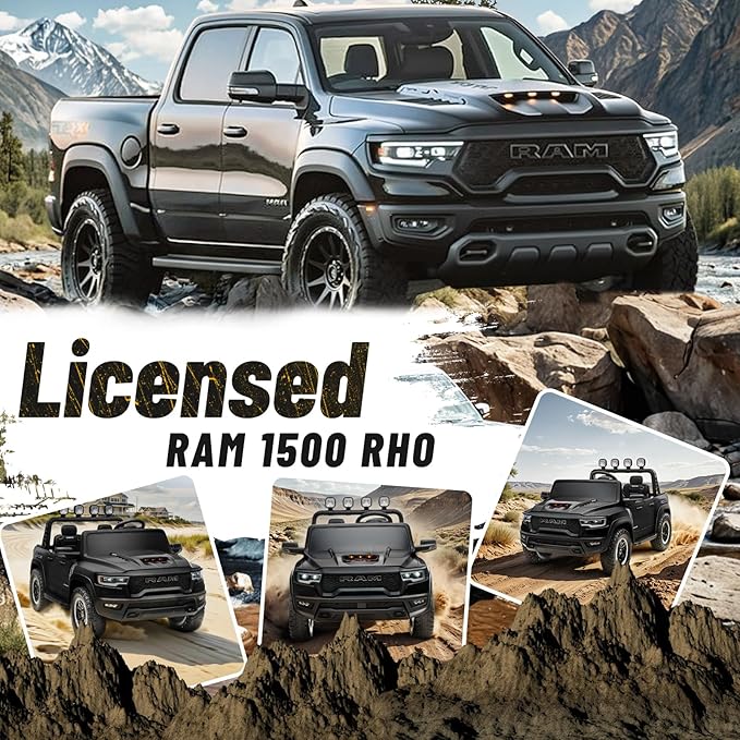 Electric Car for Kids, Licensed Ram 1500 RHO, 24V Ride on Toys for Big Kids, Battery Powered with Parent Remote Control, LED Light/Music/MP3, Back Storage, Black, Roll Bar