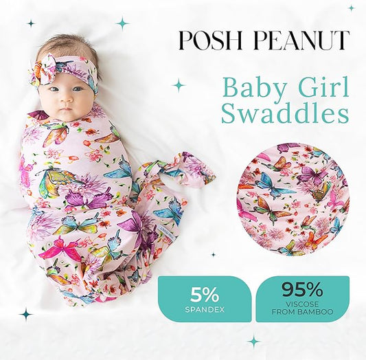 Posh Peanut Swaddle Blanket & Headband Set – Viscose from Bamboo Stretchy Baby Swaddle for Newborn Girls, Receiving Blanket or Nursing Cover (Watercolor Butterfly)