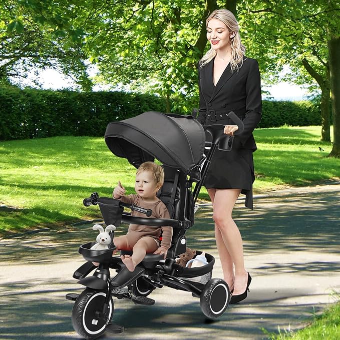 Folding Kids Tricycle, 8 in 1 Baby Trike W/Removable & Adjustable Canopy, Parent Handle, 5-Piont Safety Harness, Toddler Bike Stroller for Kids 1-6 Years, EVA Wheels, Storage Basket, Black