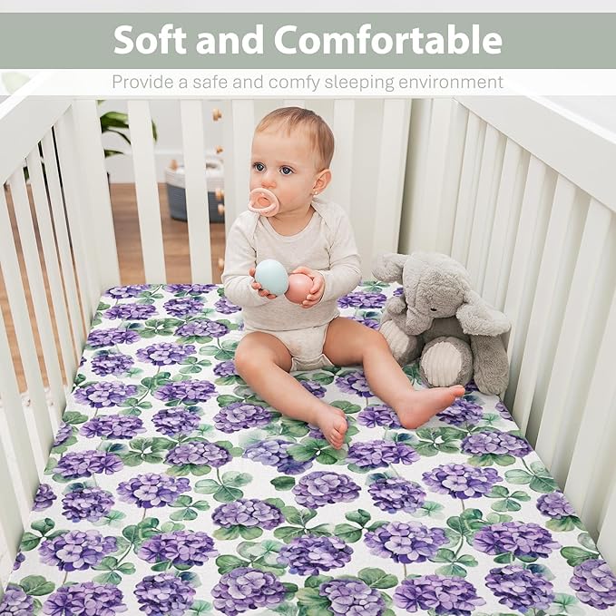 Purple Wildflowers Watercolor Baby Crib Sheets for Boy Girl 28"x52" Retro Hydrangea Floral Leaves Soft Snug Fitted Crib Mattress Cover Spring Garden Baby Sheet for Standard Crib & Toddler Mattress