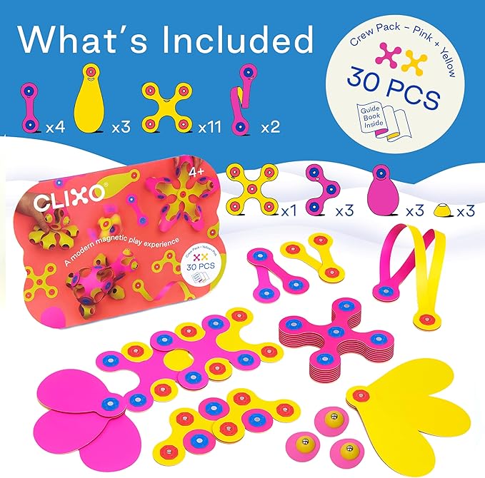 Clixo Crew 30 Piece Pack - The Flexible, Durable, Imagination-Boosting Magnetic Building Toy - Modern, Modular Designs for Hours of STEM Play. A Multi-Sensory Magnet Toy Experience Anywhere! Ages 4-99