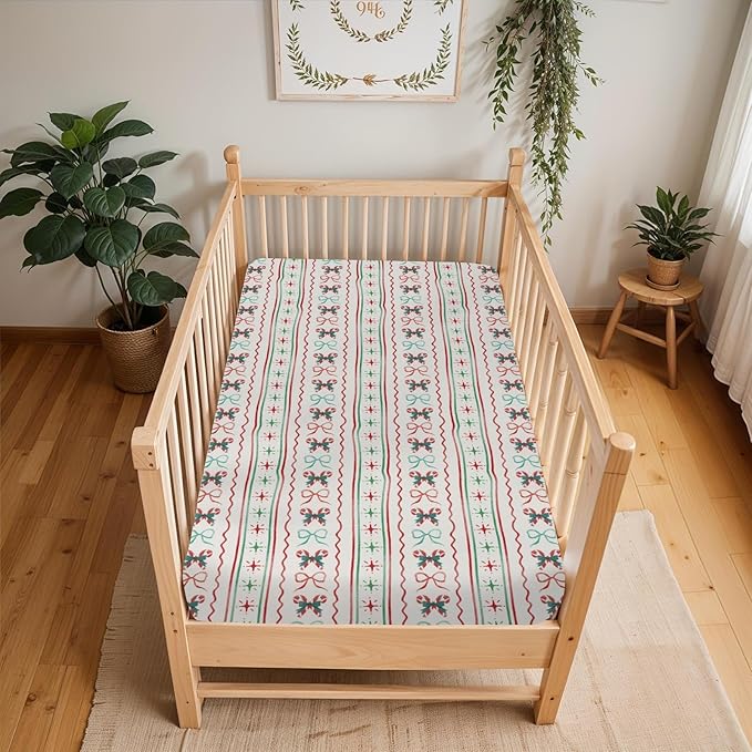 Red and Green Christmas Candy Stripes Bows Baby Crib Sheets for Boy Girl 52x28Inch Winter Christmas Soft Snug Fitted Crib Mattress Cover Festive Holiday Baby Sheet for Standard Crib & Toddler Mattress