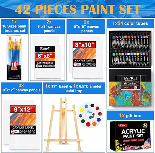 ESRICH Acrylic Paint Canvas Set, 42 Piece Professional Premium Paint Kit with 1 Wood Easel, 24Colors, 10 Brushes, 6 Canvases, Painting Supplies Kit Artists and Beginner