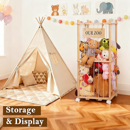 Edudif Stuffed Animal Storage Zoo, Wooden Stuffed Animal Organizer with Removable Wheels & 5-Row Elastic Cords, Space-Saving Plush Toy Storage Holder for Playroom, Bedroom, Nursery